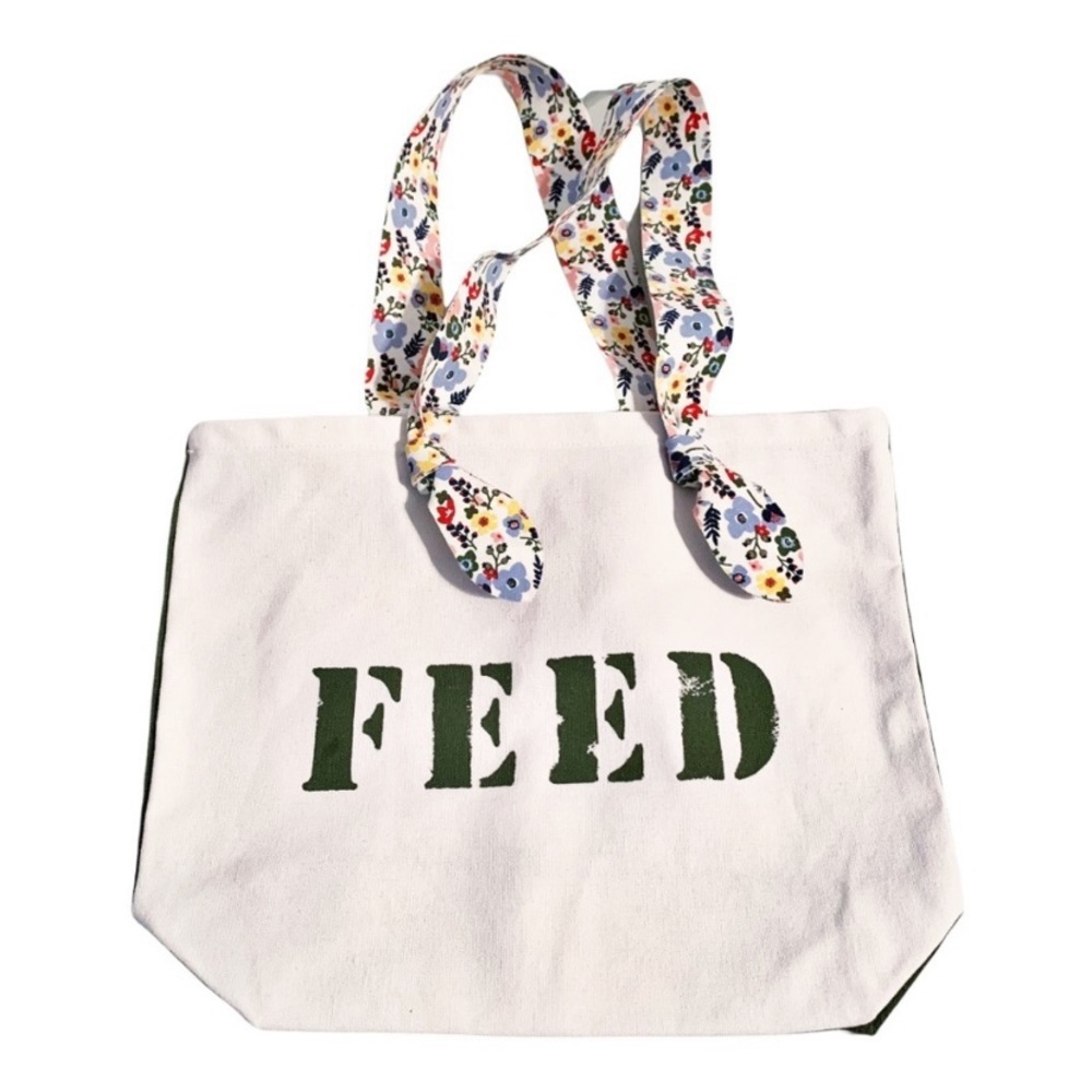 CLARINS Feed Ten Canvas Tote Bag Recycled
Floral Handle White Green - NWT